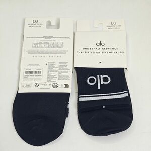 ALO Yoga Black Half-Crew Socks with White Logo and Stripes